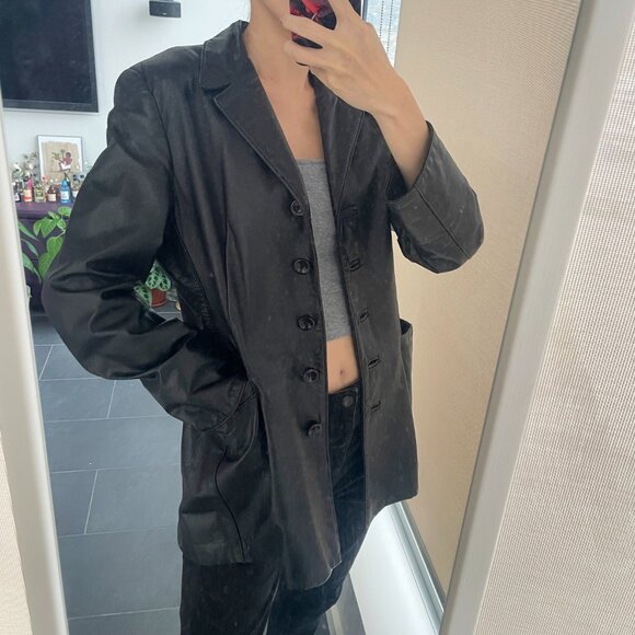 Vintage Black Leather Blazer: 90s Retro Jacket - Picture 3 of 11